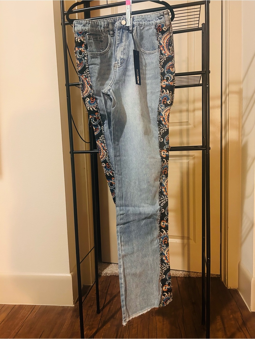 Fashion Nova Light Blue Straight Leg Jeans with Paisley Side Trim